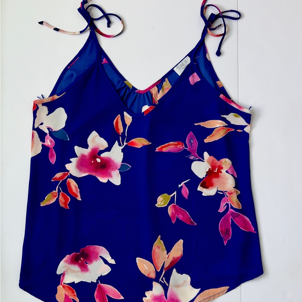 Floral Tie-Shoulder Cami Tank Top - Blue